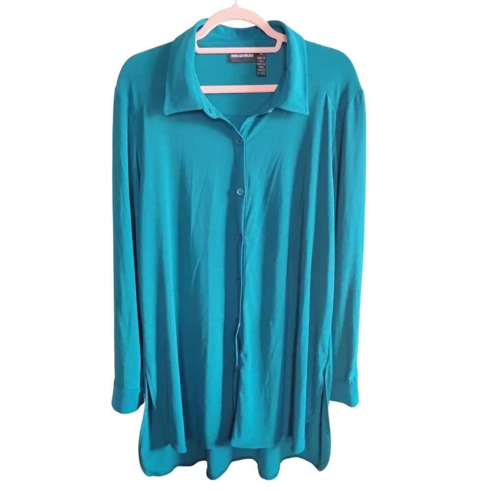 Nina Leonard Teal Button-Front Tunic